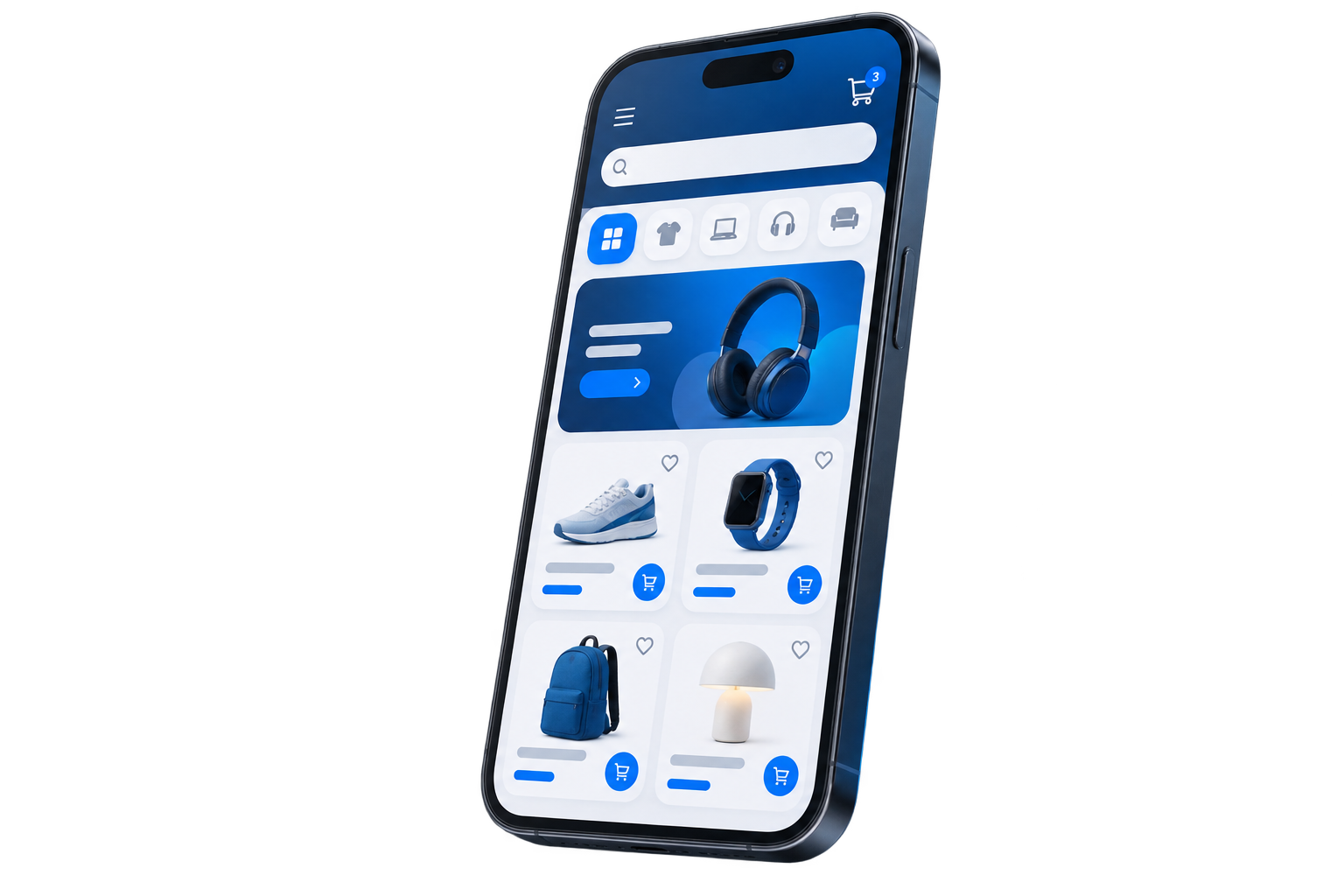 3D smartphone displaying the MilionStore mobile shopping interface